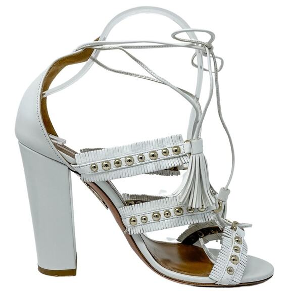 Aquazzura White Tulum Fringed Leather Studded Gladiator Sandal size 37.5 - Picture 10 of 12